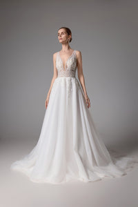 Sexy perlenbesetztes Brautkleid mit tiefem V-Ausschnitt und sexy V-Rücken LVB2419