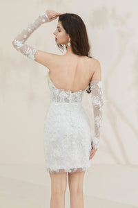 Knielanges Mini-Brautkleid aus Spitze mit abnehmbaren Ärmeln LVB2614