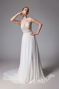 Perlenbesetztes Brautkleid mit offenem Rücken und romantischem Chiffon LVS2404