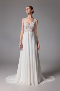Chiffon-Brautkleid mit floralem V-Ausschnitt und sexy V-Rücken LVS2409