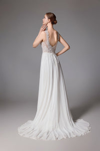 Chiffon-Brautkleid mit floralem V-Ausschnitt und sexy V-Rücken LVS2409