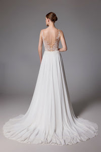 Rückenfreies Brautkleid mit romantischem Chiffonrock und oberschenkelhohem Schlitz LVS2403