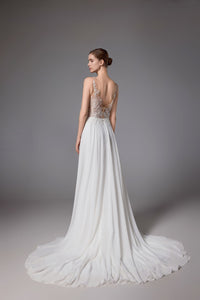 Rückenfreies Brautkleid mit romantischem Chiffonrock und oberschenkelhohem Schlitz LVS2403