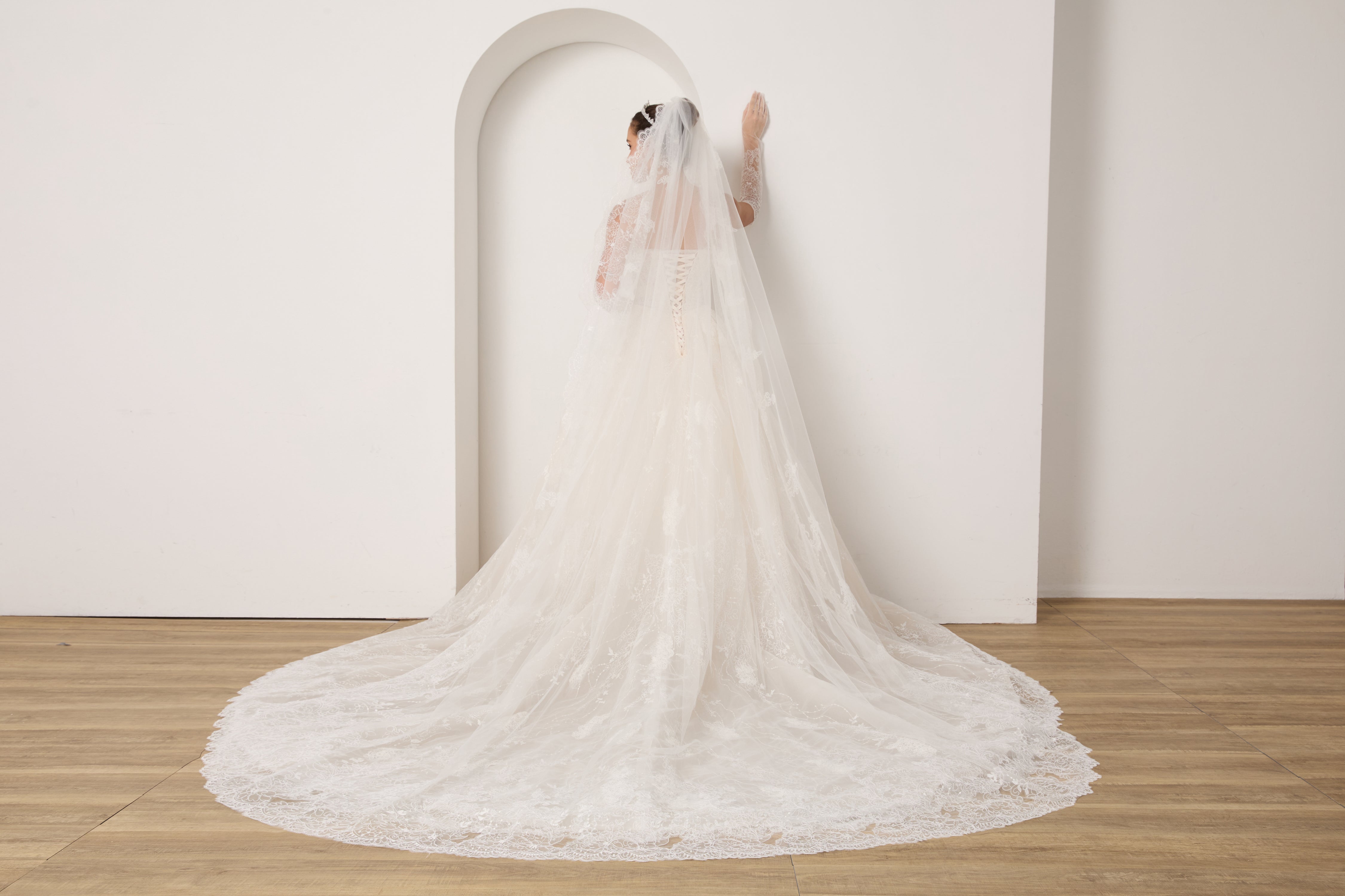 Komplett Paket: Spitzenbrautkleid+Schleier+Handschuhe+abnehmbare Ärmel+Haarschmuck zum Sparpreis LVB2702