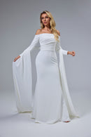 Schlichtes, schulterfreies, handgefertigtes Brautkleid mit langen Ärmeln und modernem Twist LVB2524